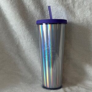 Starbucks Iridescent Silver Tumbler with Purple Lid and straw 24 oz.